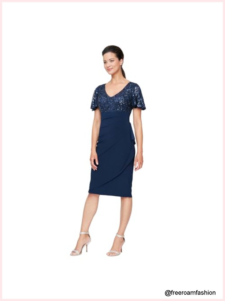 V-Neck Cocktail Dress With Sequin Bodice, Flutter Sleeves & Empire Waist
